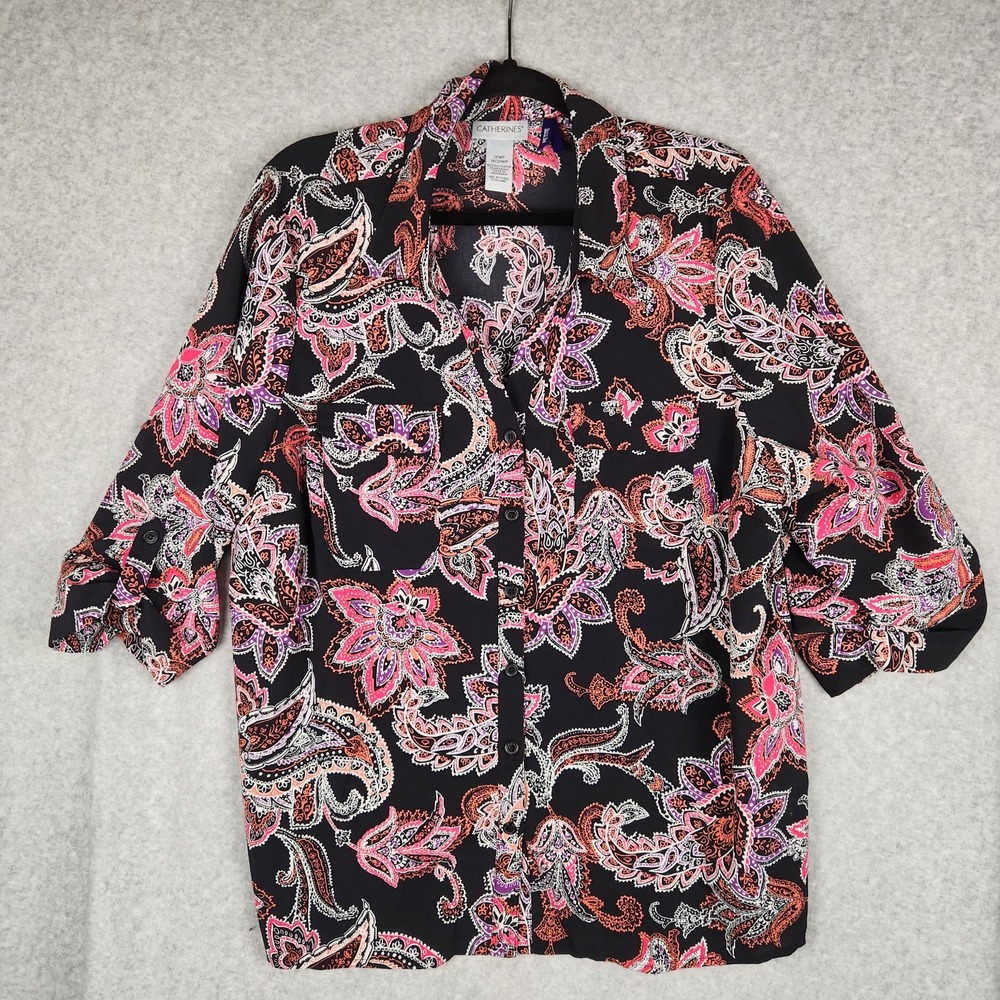 Catherines‎ Shirt Womens 1X Black Paisley Print Button Up Roll Tab